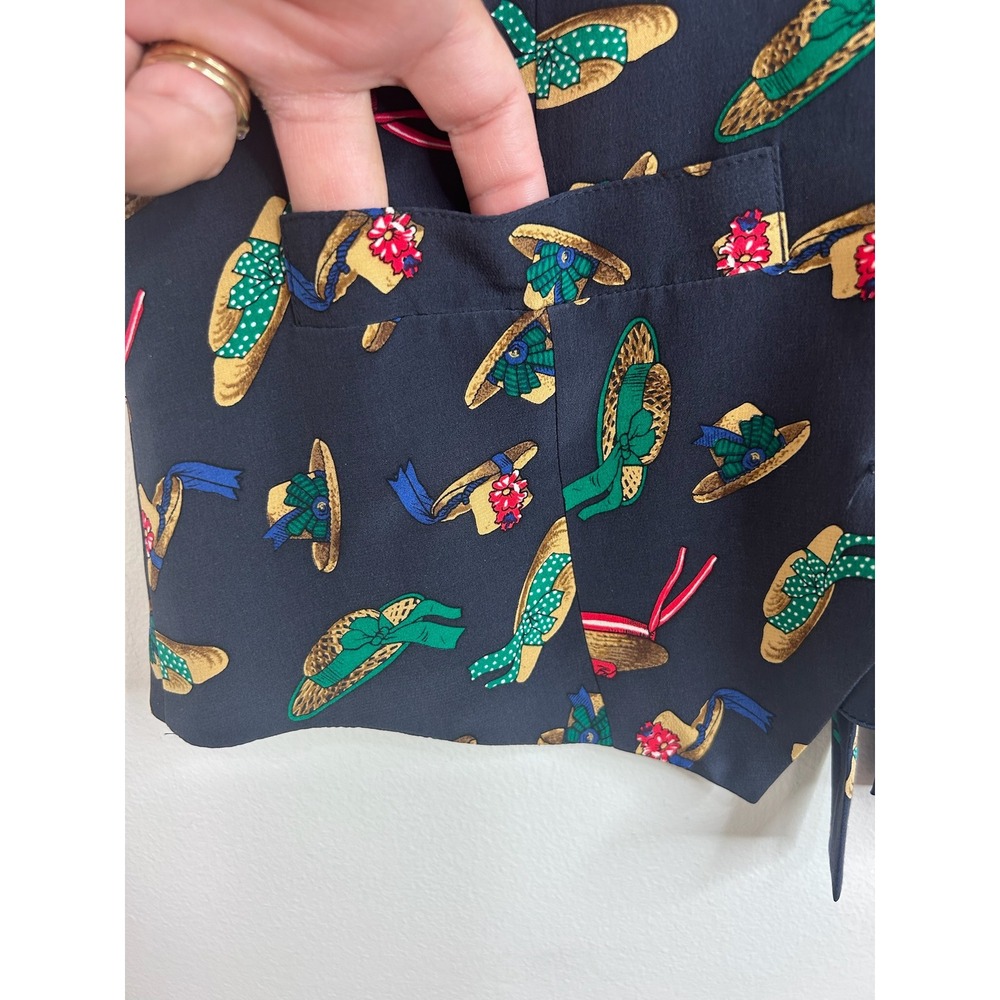 Graham & Gunn Vintage Silk Vest Navy Blue Novelty Hat Print Waistcoat Sz Small - Picture 4 of 7